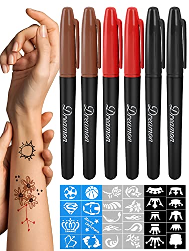 6-Pcs Temporary Tattoo Markers For Skin,Washable Markers-Removable Tattoo Markers Multi-Coloured Skin Safe Tattoo Kit For Teens, Kids, Adults,Tattoo Pens For Body & Face Art With 3 Tattoo Stencil Papers #TOP6