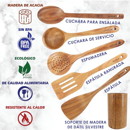 Miniatura 4 de Starblue - Juego De 6 Utensilios De Cocina De Madera De Acacia, Espátulas Duraderas Y Antiarañazos Para Utensilios De Cocina Antiadherentes, Respetuosas Con El Medio Ambiente Y Ergonómicas