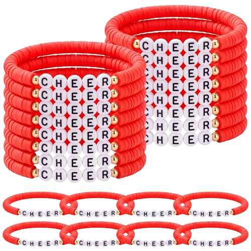 Image of Landical 24 Pcs Cheerleader Gifts Stackable Clay Bead Cheer Bracelets Friendship Bracelets Senior Night Cheer Gifts for Girls(Red)