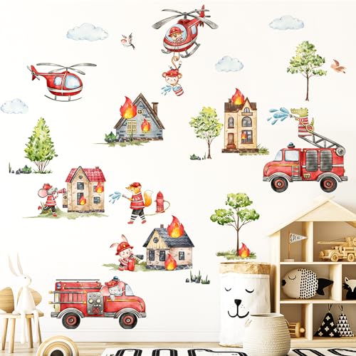 Silkwish Sticker Mural Pompier, Camion de Pompier, Autocollant Mural, Autocollant Mural Chambre d'Enfant Animaux Nuages Arbre Décoration pour Chambre de Bébé