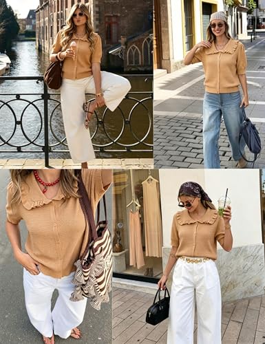 Image of Watashi Womens Ruffle Collar Puff Short Sleeve Cardigan Knit Crop Top | Peter Pan Collar Crochet Knitted Summer Fall Casual Work Wear Sweater