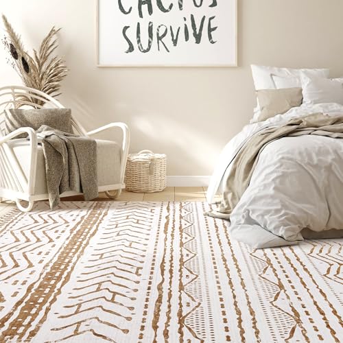 Nakagishi Area Rug Living Room Rugs: 5x7 Machine Washable Boho Large Neutral Farmhouse Stain Resistant Moroccan Indoor Carpet for Bedroom Nursery Dorm Classroom Playroom Dining Room House-Brown White