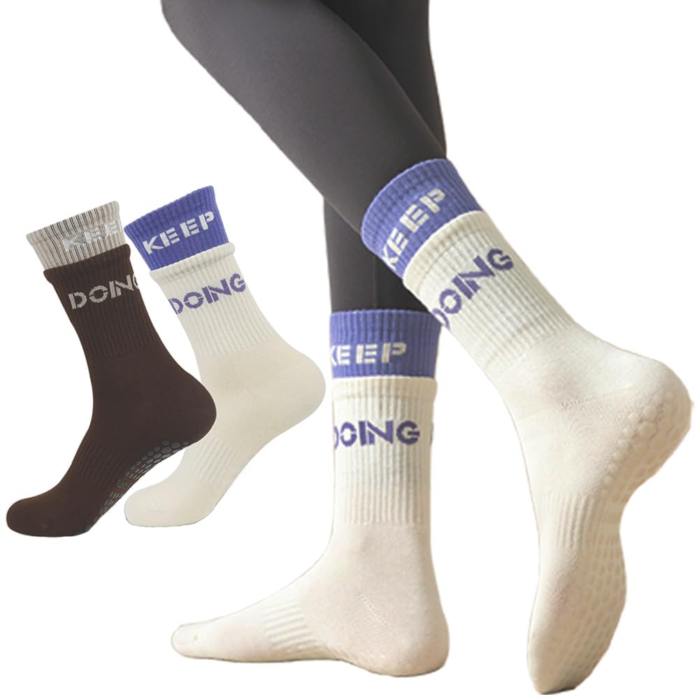 tianhong 2-Pairs Grip Pilates Socks for Women with Non Slip Grippers, Yoga Slouch Socks with Grip for Barre Workout Hospit...