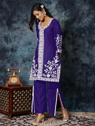 Image of EthnicJunction Women's Cotton Blend Chikankari Embroidered A-Line Kurta Palazzo Set Ethnic Wear Office Wear Daily Wear Festive Kurta Set for Women