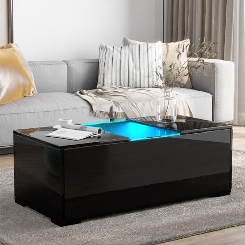 HOMFAMILIA Modern Black LED Coffee Table with 2 Storage Drawers, Black High Gloss Coffee Table w/LED Lights, Living Room Rectangle Center End Table w/Glass Tabletop, APP Remote, 16 Colors LED Lights HOMFAMILIA Modern Black LED Coffee Table with 2 Storage Drawers, Black High Gloss Coffee Table w/LED Lights, Living Room Rectangle Center End Table w/Glass Tabletop, APP Remote, 16 Colors LED Lights