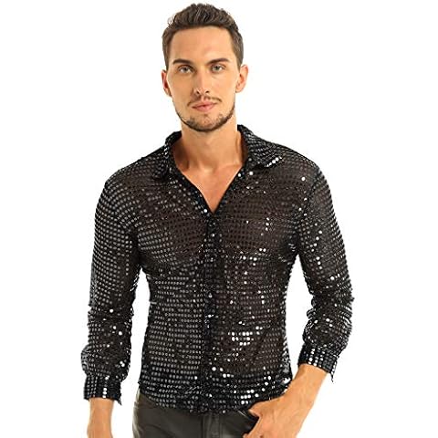 JEATHA Men's Shiny Shirt Sequins 70s Disco Dance T-Shirt Long Sleeve Button Down Tee Blouse Party Costume Black XL Cover