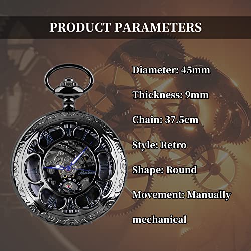 Mechanical Pocket Watch Antique Roman Numerals Men's Pocket Watch, Black Skeleton Pocket Watch With Chain For Men #TOP5