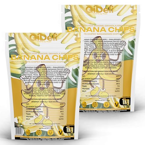 GiDeli Bananenchips 2x 1kg - getrocknete Bananen Früchte Ungesüßt - Gesunde trocken Snacks - ideal für Müsli, Joghurt, Smoothies & Backen - ohne Palmöl