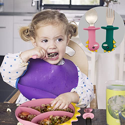 Nicingu Kids Silverware With Silicone Handle,Dinosaur Baby Spoons+Fork,Toddler Utensils #TOP3