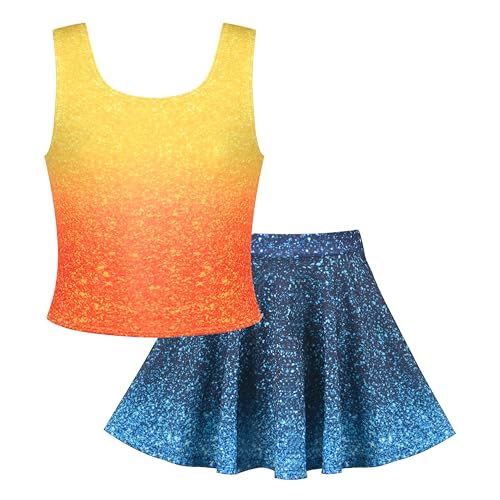 Image of Sunny Fashion Girls 2 Piece Top Tank Gradient Orange Skirt Sparkle Show Music