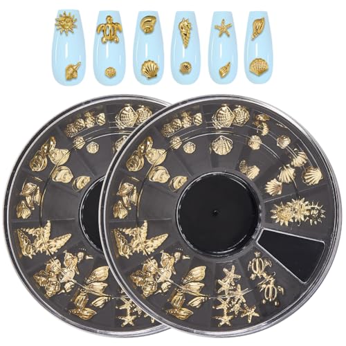 CRASPIRE 2 Boxes Ocean Nail Art Set 3D Charms 12 Styles Metal Alloy Gold Nail Charms Design Studs Gems Kit Summer Sea Turtles Marine Starfish Seashell Conch for Women DIY Craft Jewelry Decor Supplies