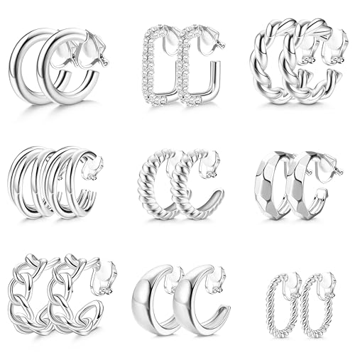 THUNARAZ 9 Pairs Clip on Earrings for Women 14K White Gold Plated Chunky Hoop Clips Earring Trendy Clip on Hoop Earrings for Women Non-Pierced Fake Jewelry by THUNARAZ - Used condition - US$10.67
