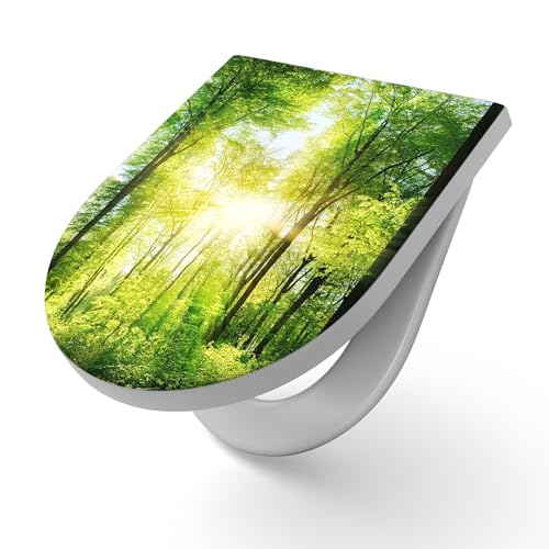 DEQORI Toilettensitz mit Motiv Sonne durchbricht Wald | WC Sitz in Weiß aus Duroplast | Format 36,4x45,4 cm – antibakterielle Klobrille für D-Form WC mit Deckel – pflegeleicht & dekorativ