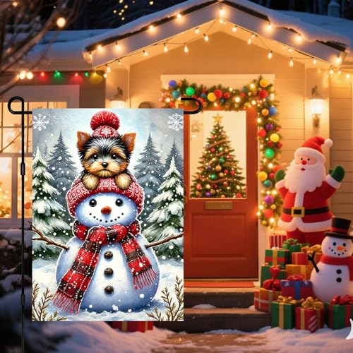 Image of BlissYard Garden Flag Snowman Pine Trees Winter 12x18 Inch Polyester