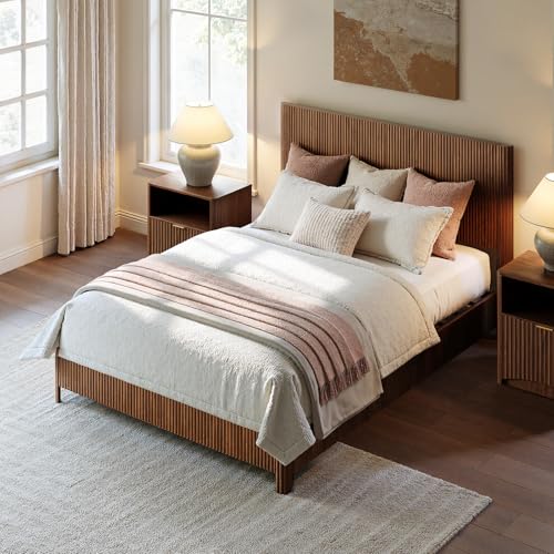 Image of Evermagin Walnut Queen Bed Frame with Headboard, Mid Century Modern Fluted Platform Bed, Boho Wooden Bed Base No Box Spring Needed, Wavy Grooved Panel
