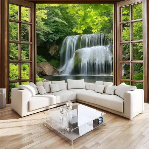 Papel tapiz fotográfico Ventana con paisaje forestal Lana Decoración De Pared Sala Cuarto 250 x 175 cm Papel Pintado Fotográfico Decoración De la Pared Murales para Salón Green