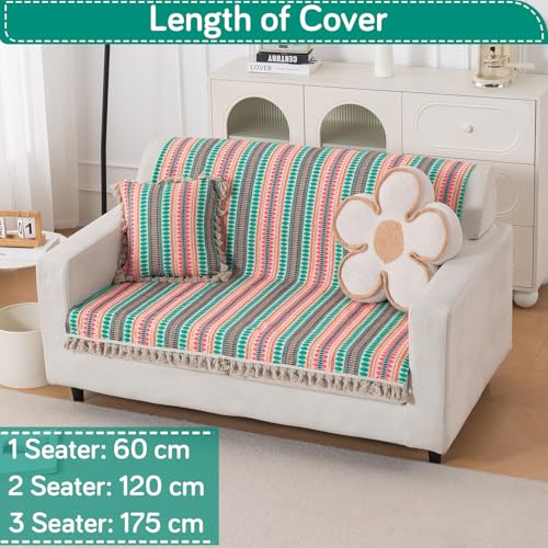 Image of HOKIPO 'Artisan Boho Series' Sofa Cover with Tassel | 450 GSM Cotton Acrylic Jacquard Sofa Cover for 2 Seater Sofa, Size 152x120 cm, Mint Green (IN-908-A7)