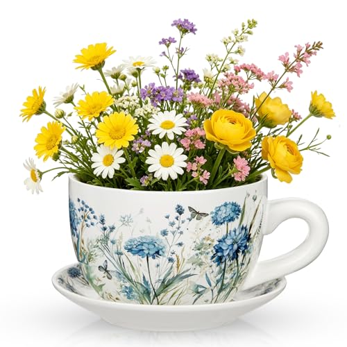 Ceramic Teacup Planter Pot with Saucer - 7.9 Inch Coffee Cup Shaped Plant Pot with Drainage Hole Butterfly Blue Wildflower Pattern Mug Flower Pots for Tabletop Succulent Orchid Home Garden Decor