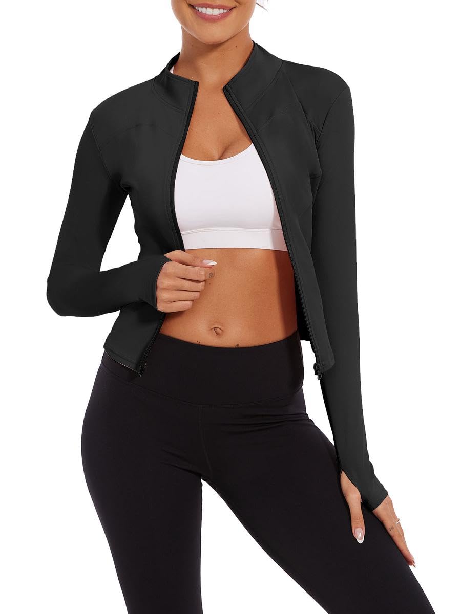 Veste de Sport Femme Veste de Course à Manches Longues Course Running Léger avec fermeture éclair Séchage Rapide Veste de Course avec Trous pour les pour Yoga Fitness