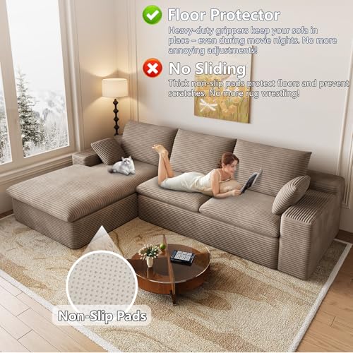 Image of 107 inch Cloud Couch Modular Sectional Sofa for Living Room, L-Shape Boneless Couch with Deep Seat, Modern Corduroy 3-Seater, No Assembly Required (Camel,Left-Facing Chaise)