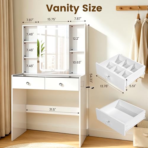 Image of Makeup Vanity Desk with LED Mirror & RGB Lights, White Modern Bedroom Vanity Set Glass Top Vanity Table for Women, Adjustable Brightness & 3 Color Modes, 2 Drawers Storage