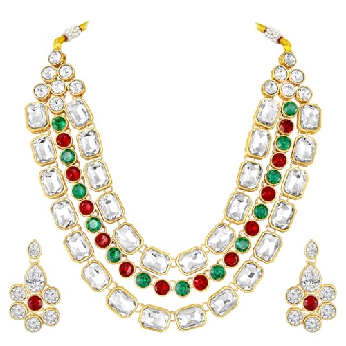 Image of Peora Crystal Studded Gold Plated Layered Long Necklace & Dangle Earring Jewellery Set for Women & Girls
