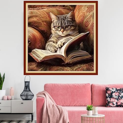 Image of Redxing Stamped Cross Stitch Kits Embroidery kit for Beginners Adults Full Range of Embroidery Patterns Starter Kits DIY Printed Cross Stitch Kits Needlepoint Kits 11CT-Cat Reading 18x18 inchs