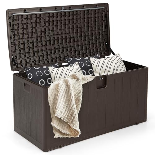 HOMASIS 400L Auflagenbox wetterfest, XXL Gartenbox aus HDPE, abschließbar Aufbewahrungsbox mit Deckel & Griff, Kissenbox Kissentruhe Auflagentruhe Gartentruhe Terrassenbox Outdoor, 128x62x64cm, Braun