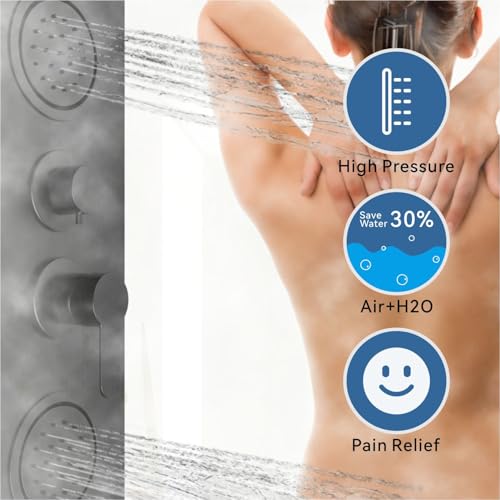 Image of ELLO&ALLO Shower Panel System Tower with Shelf, Rainfall and Waterfall Head Rain Massage Stainless Steel Bathroom Fixtures with Adjustable Body Jets, Black