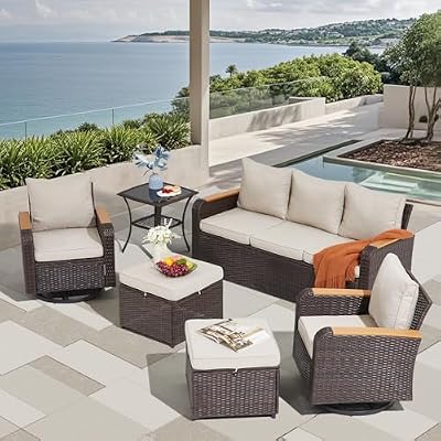 Yalissey 6 Pieces Wicker Patio Furniture Sets, Patio Conversation Set PE Rattan Sectional Sofa with Swivel Chairs Ideal for Indoor Porch Deck Bistro Lawn Garden Backyard Poolside-Khaki
