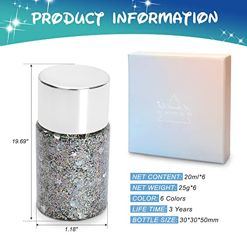 Aiducho 6 Colors Body Glitter Gel For Women Girls Chunky Glitter Gel For Face Hair Eyes Nails Lip Mermaid Makeup Long Lasting & Quick Drying Sparkling Festival Glitter With 2 Brush, 20Ml*6 #TOP5