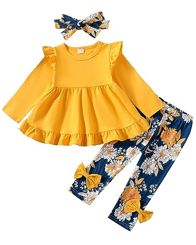 Image of Baby Girl Clothes Toddler Girl Fall Outfits Ruffle Long Sleeve Floral Shirt Tops Winter Leggings Pants Clothing Set
