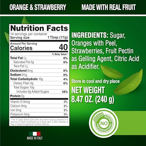 SICANIA Italian Strawberry & Orange Fruit Preserves 8.47oz - Gluten Free, Non GMO, No Preservatives, No High Fructose Corn Syrup - 45% Real Fruit Preserves & Jams - Gourmet Jams, Jellies & Preserves