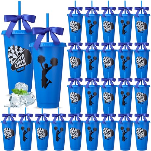 Willinglong 24 Sets Cheerleading Team Gifts 24 oz Plastic Tumblers with Lids and Straws Reusable Cheer Cups Bulk for Sports Events Cheer Competitions Pep Rallies Team Party Supplies