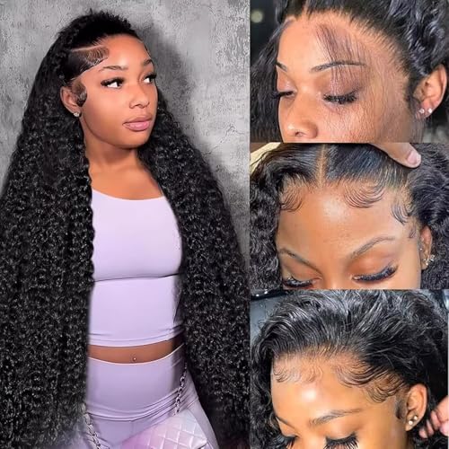 Deep Wave Frontal Wigs 13X6 HD Transparent Deep Curly Lace Front Wigs Human Hair for Women Brazilian Virgin Human Hair Wig 200% Density Pre Plucked with Baby Hair Natural Black Color 34 inch