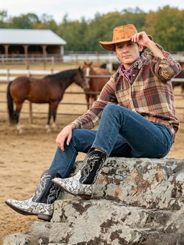 Image of Python Manning Men's Boots Cowboy for Men Classic Pointed Toe Western Pull Up Snakeskin Embroidered Mid-Calf Boots