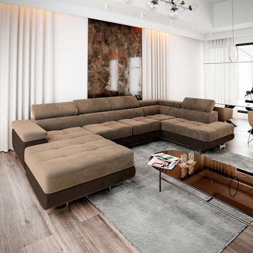 Masseno Ecksofa CASONE R-S mit Schlaffunktion U-Form, Sofa mit Bettkasten, Wohnzimmersofa, Couch, Soffa, Bettsofa, Couchgarnitur- Beige, Monolith 09 + Monolith 29 – Bild 5