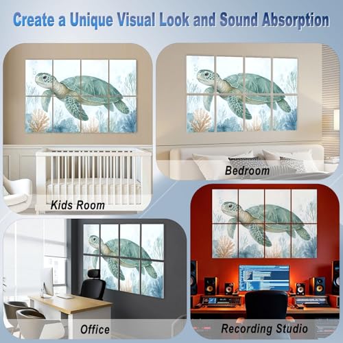 8 Pack de Paneles Acústicos Artísticos con diseño de Tortuga Marina, Teal Coral, Algas y Burbujas, Paneles Decorativos Autoadhesivos para Pared, 48" x 32", para Oficina, Hogar y Estudio miniatura 6