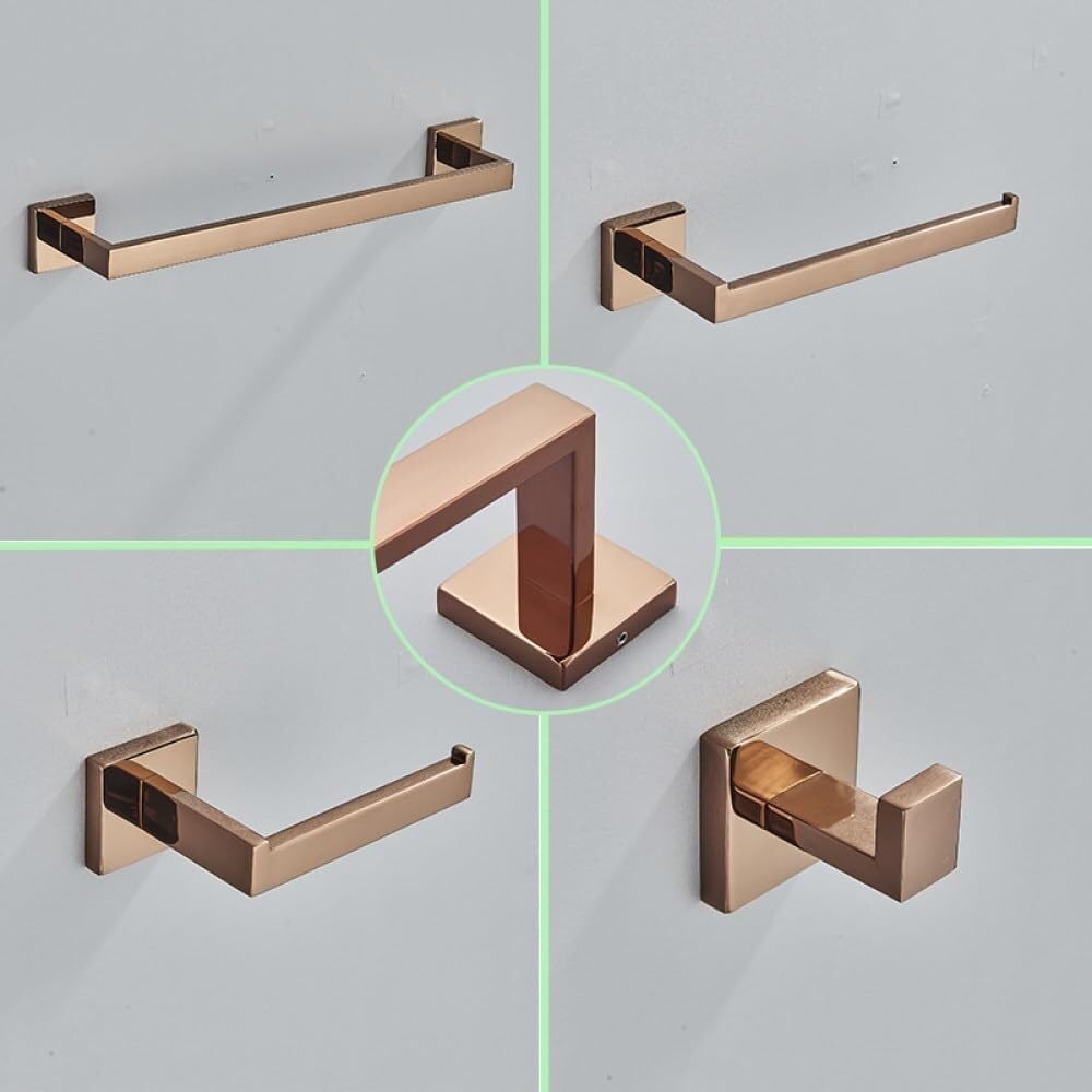IsolaY - Juego de accesorios de baño de acero inoxidable para bata, toallero, soporte para rollo de papel higiénico, anillo de toalla, accesorios de baño, oro rosa cepillado