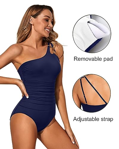 Image of Holipick One Shoulder One Piece Swimsuit for Women Tummy Control Bathing Suits Modest Full Coverage Keyhole Swimwear