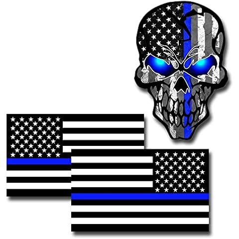 3PCS Reflective American Flag Thin Blue Line Sticker, Thin Blue Line Skull Decal, Police Stickers Blue Lives Matter Sticker, Back The Blue Car Decal Law Enforcement Flag Car Bumper Window Cover