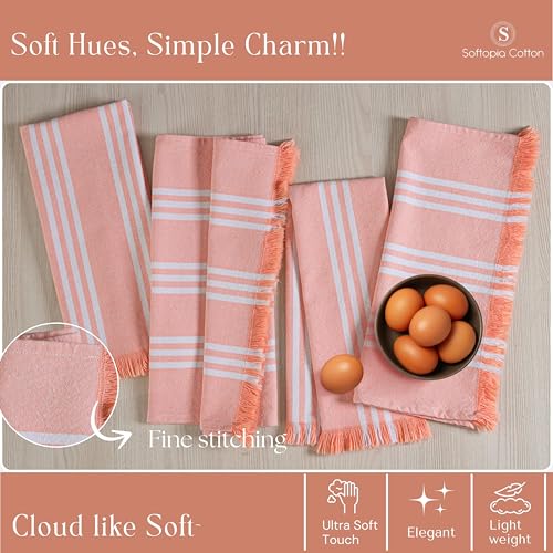 Image of Prewashed Stripe Dish Towels 4 Pack, 16x26 Inches, 100% Cotton Kitchen Cloths, Quick Drying Wash Rags, Reusable and Absorbent, Washable Towels for Cleaning, Cooking - Light Orange