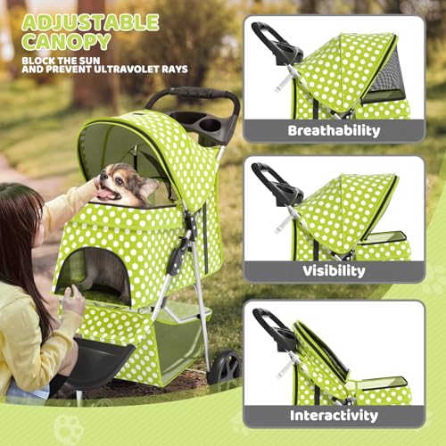 Image of Magshion 3-Wheel Pet Stroller, Foldable Travel Jogger for Small & Medium Dogs & Cats (Up to 33lbs), Lightweight Carrier with Breathable Mesh Cover, Cup Holder & Storage Basket, Lawn Green Polka Dots