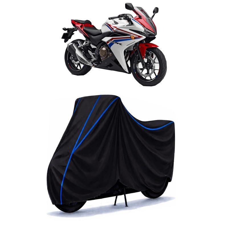 Image of CBR 400 RR Bike Cover Water Resistant Universal Motorcycle Rain | Heavy Duty UV Protection, Dust, Scratch Indoor Outdoor All Weather with Black Blue Piping Elastic