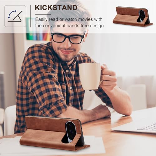 Image of Jasonyu Flip Wallet Case for Google Pixel 10 /10 Pro 5G,Leather Magnetic Folio Cover with Card Holder,Kickstand - TPU Shockproof Durable Protective Phone Case,Brown