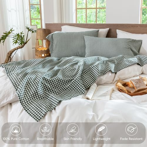 Image of MooMee Gingham Sheet Set 100% Washed Cotton Linen Like Textured Breathable Soft w /Fully Elasticized 16-19 inch Deep Pocket (Mini Gingham Forest Green, Queen)