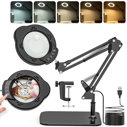Jubor Actualizado Lupa con Luz y Soporte, 15X 10X Lámpara de Aumento, Lupa de Escritorio con Pinza y Modo de 5 Colores, 84 Luces LED, Lámpara de Trabajo para Lectura, Reparación, Trabajo Manual