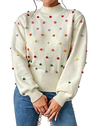 CXINS Women's Fashion Mock Neck Lantern Sleeve Rainbow Colorful Pom Pom Sweater Pullover Elegant Knit Jumper Top