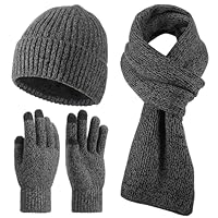 Men's Winter Beanie Hat Long Scarf Touchscreen Gloves Set 3 PCS Warmer Knitted Skull Cap Set for Men & Women Cold Weather