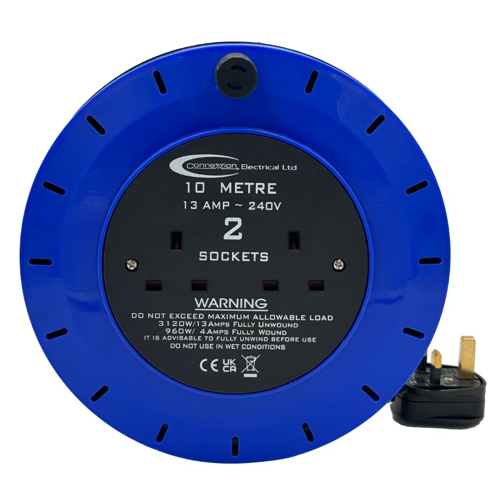 10m Extension Lead Reel, 2 Way 10 Amps 3-pin UK Sockets and Fused UK Plug, 240V Power Extension Retractable Cassette Type Cable Reel